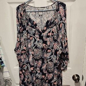 Catherines Women's Paisley V-Neck Blouse - Navy and Coral